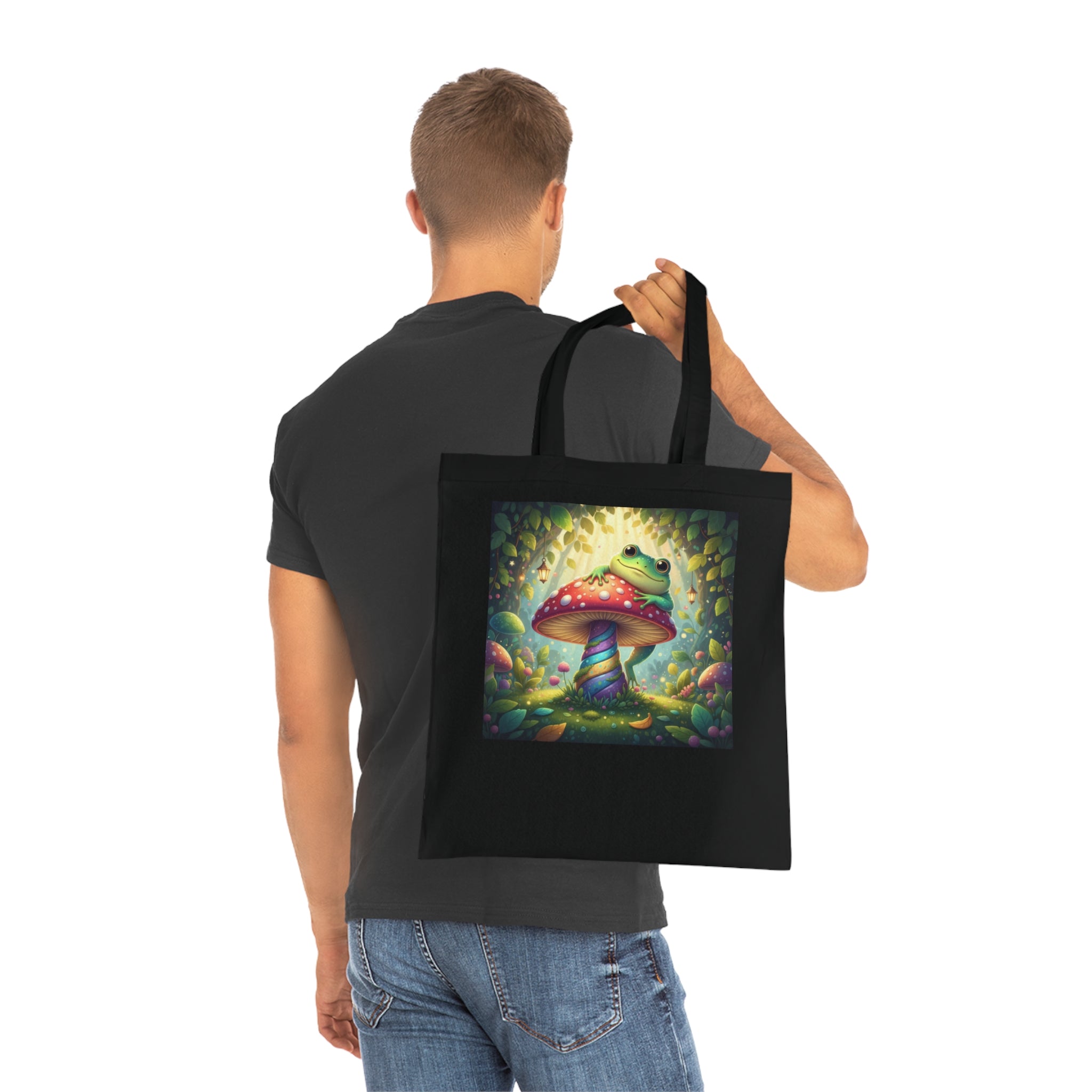 Black Cute Frog Mushroom Forest Whimsical Tote Bag