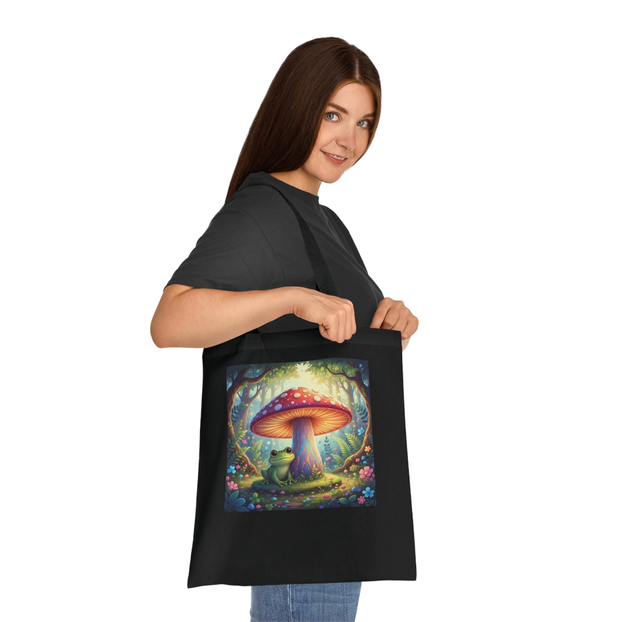 Whimsical Forest Mushroom Frog Design Black Tote Bag product type